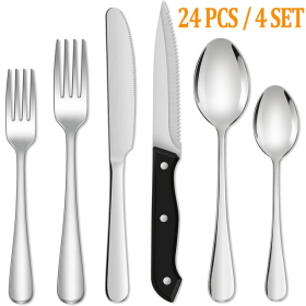 24 Piece Silverware Set with Steak Knives, Stainless Steel Flatware Set, Cutlery Set Service for 4, Mirror Polished Utensils Set