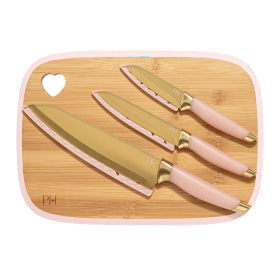 Paris Hilton 7-Piece Reversible Bamboo Heart Cutting Board and Stainless Steel Cutlery Set, Pink