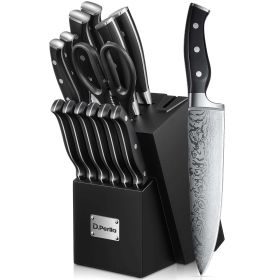 D.Perlla Knife Set, 14PCS German Stainless Steel Kitchen Knives Block Set with Built-in Sharpener, Black (Brand: D.Perlla)