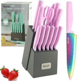 Hecef 14-Piece Kitchen Knife Set with Wooden Block Sharpening Steel, Titanium Coating Rainbow Slicing Chef Knives (Brand: Hecef)