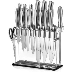 Stainless Steel Knife Set, 17 Pieces Kitchen Knife Set, Super Sharp Chef Knife Set with Acrylic Stand and Serrated Steak Knives (Brand: D.Perlla)