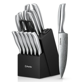 D.Perlla Knife Set , 15 Pieces Stainless Steel Hollow Handle Kitchen Cutlery Set with with Built in Knife Sharpener Block (Brand: D.Perlla)