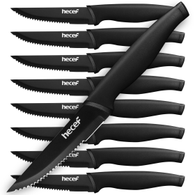 Hecef Black Oxide Steak Knife Set of 8, Ultra-Sharp High Carbon Stainless Steel Serrated Knives with PP Handle (Brand: Visit the Hecef Store)