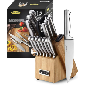 McCook 15-Piece Stainless Steel Knife Set,MC19 Knife Block Set with Built-in Sharpener,Chef Knife for Home (Brand: McCook)